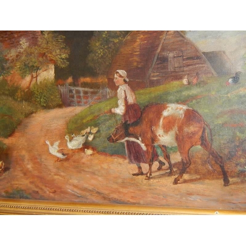 1347 - A gilt framed oil on canvas rural farming scene.