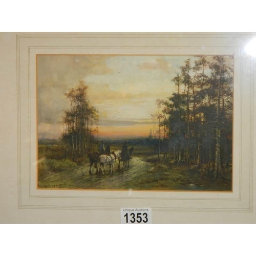 1353 - A framed and glazed watercolour rural scene with horses signed W Manhere.