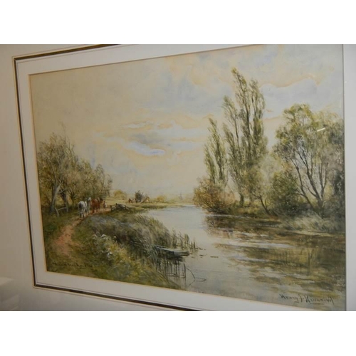 1354 - A framed and glazed watercolour rural scene with horses signed Henry Kinniard.