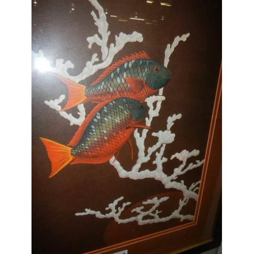 1362 - A framed and glazed watercolour of Koi swimming through coral.