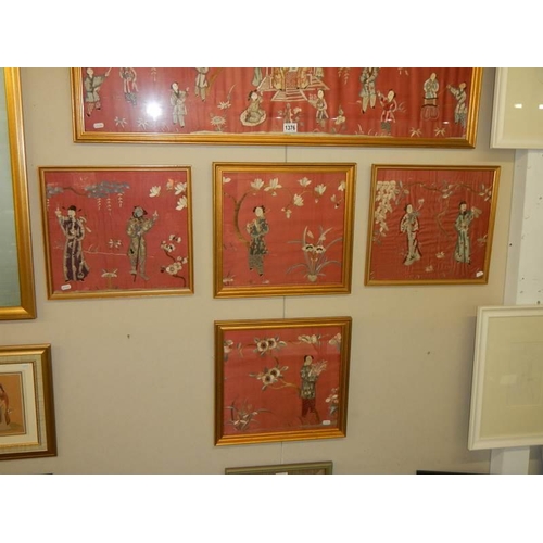 1376 - Five superb quality framed and glazed embroideries on silk. COLLECT ONLY