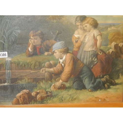 1386 - A gilt framed Victorian print featuring children playing by a pond, dated 1872.