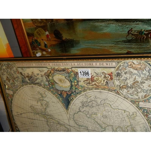 1396 - An early framed and glazed world map.