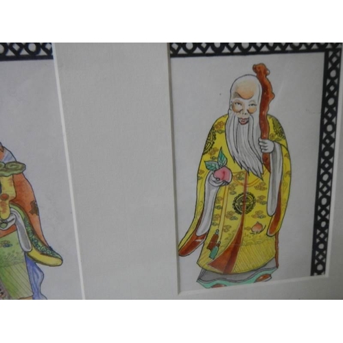 1239 - A framed and glazed set of three Chinese watercolours of Chinese gentlemen in one frame.