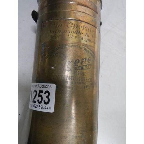 1253 - A vintage Pyrene brass fire extinguisher.