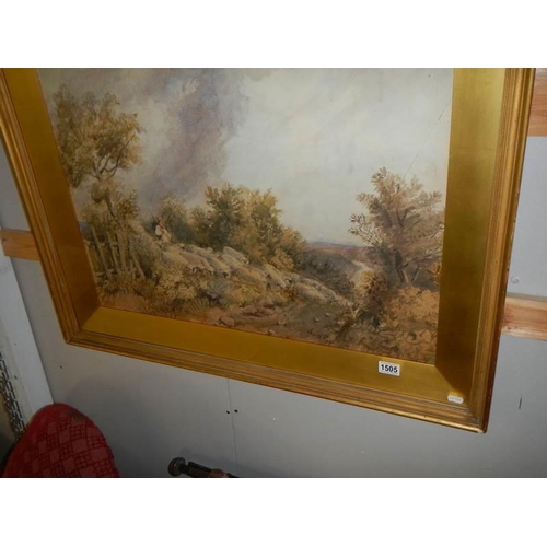 1505 - A framed and glazed watercolour rural scene signed but indistinct, COLLECT ONLY.