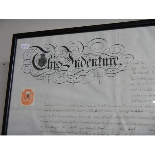 1533 - A framed and glazed Victorian Indenture with three wax stamps.