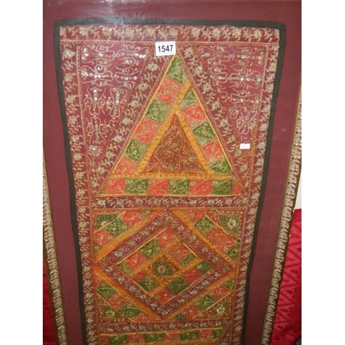 1547 - A framed Indian silk beaded wall hanging, 134cm high, COLLECT ONLY.