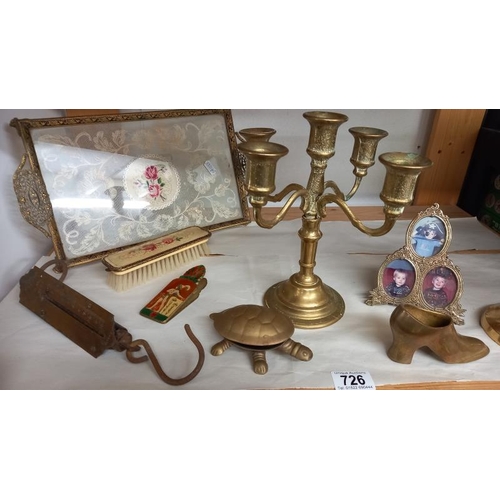 726 - A selection of brassware including candelabra & balance scale