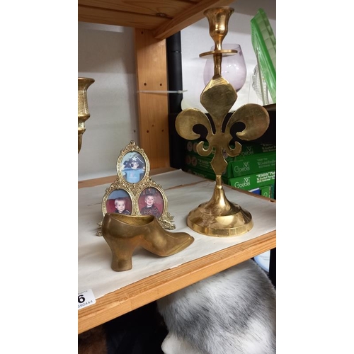 726 - A selection of brassware including candelabra & balance scale