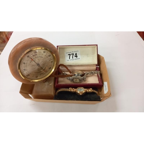 774 - 3 vintage ladies watches & a desk barometer