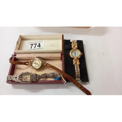 774 - 3 vintage ladies watches & a desk barometer