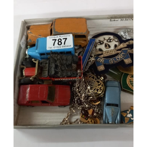 787 - A quantity of military cap badges etc. Including some die cast Dinky