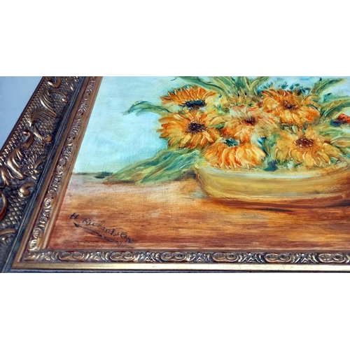 807 - An oil on board still life Marigolds, signed H. Richardson