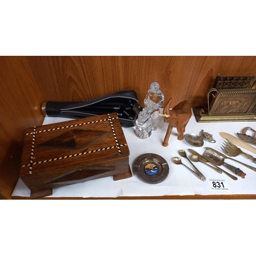 831 - An inlaid oak musical box, flatware, taxidermy, red belly Pirana fish & magnifying glass etc.