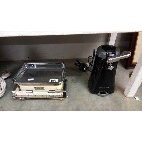 850 - Vintage Tower kitchen scales, Phillips iron, Swan kettle & Morphy Richards coffee machine