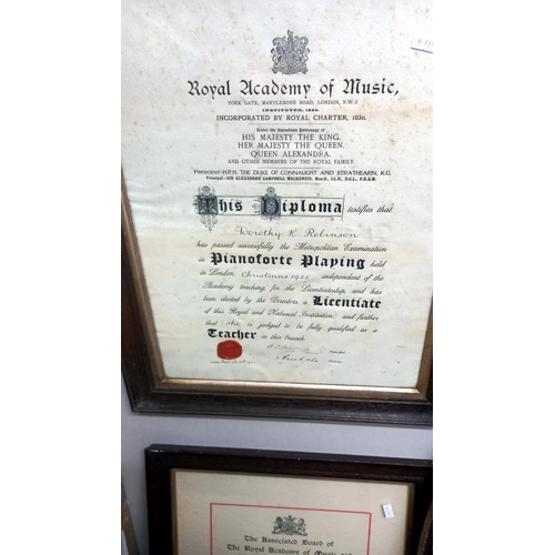 851 - 3 framed & glazed certificates/diplomas for architecture & music, COLLECT ONLY