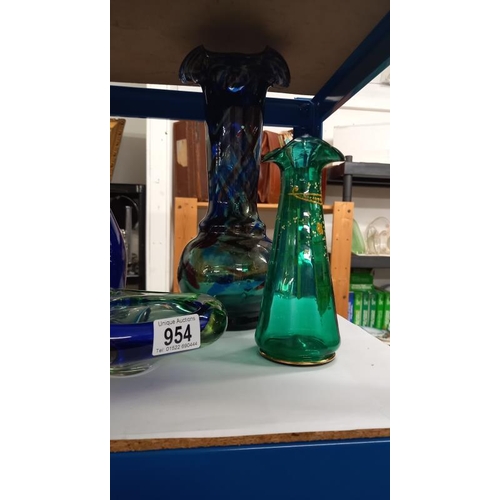 954 - An art glass dish and vase, EIIR blue glass decanter etc 1a/f