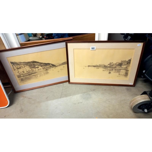 995 - A pair of framed and glazed pencil prints by Glyn & Claire Davies - Fishing villages possibly St. Ma... 