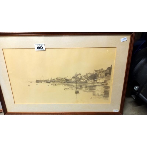 995 - A pair of framed and glazed pencil prints by Glyn & Claire Davies - Fishing villages possibly St. Ma... 