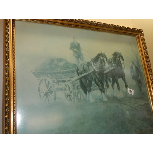 526 - A gilt framed print featuring heavy horses, COLLECT ONLY.