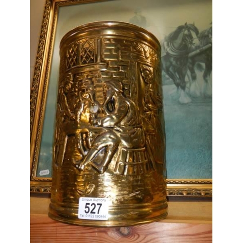 527 - A vintage pressed brass log bin.