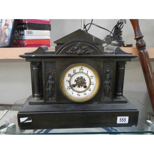 555 - A Victorian black slate mantel clock, COLLECT ONLY.