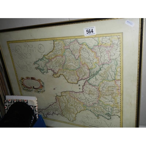 564 - A framed and glazed map of South Wales, Devon and Cornwall, COLLECT ONLY.