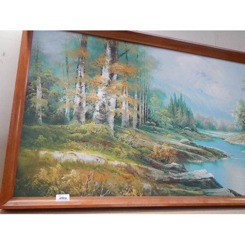 568 - A large oil on canvas mountain/woodland divided by a river scene, COLLECT ONLY.