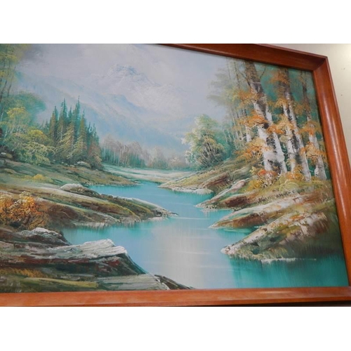 568 - A large oil on canvas mountain/woodland divided by a river scene, COLLECT ONLY.