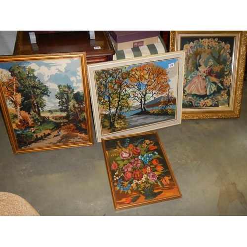 612 - Four framed tapestry/woolwork pictures. COLLECT ONLY