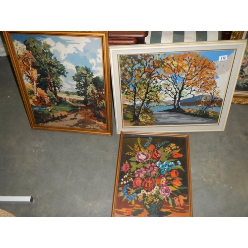 612 - Four framed tapestry/woolwork pictures. COLLECT ONLY