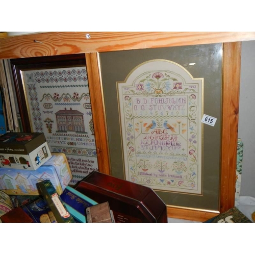 615 - Two large framed and glazed samplers, one dated 2004. COLLECT ONLY