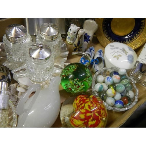 624 - A tray of miscellaneous including paperweights, cruets, marbles etc.,