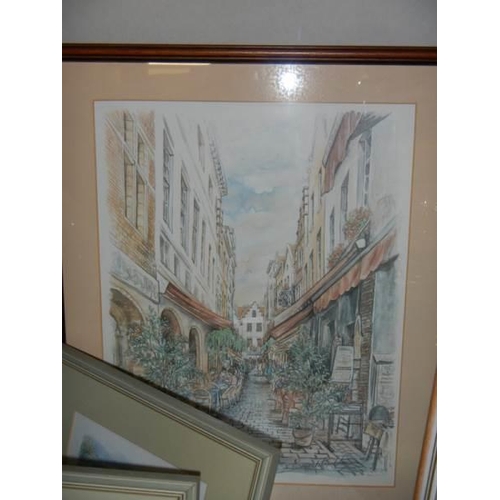 630 - A quantity of framed prints including bridges and streets, COLLECT ONLY.