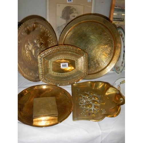 660 - A quantity of vintage brass trays including crumb tray. COLLECT ONLY.