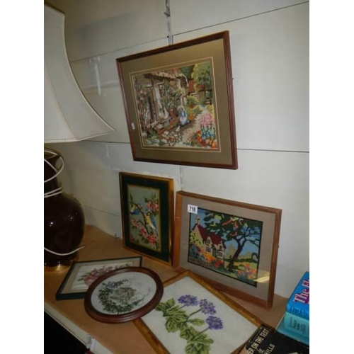 718 - A quantity of framed wool work tapestries, COLLECT ONLY