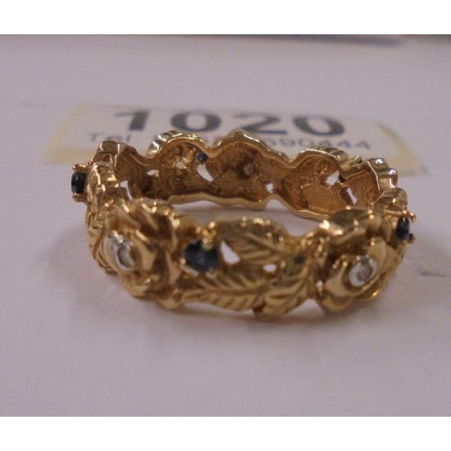 1020 - A gold ring set diamond and sapphires, marked 385, size S, 6.1 grams.