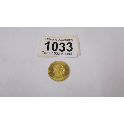 1033 - A 1915 Franc IOS I-D-G Avstriae Imperator pure gold coin, 3.5 grams.