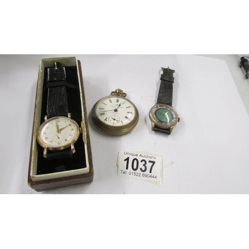 1037 - A Garrard 9ct gold cased gent's wrist watch, A wara skeleton watch and in Ingersol Triumph pocket wa... 