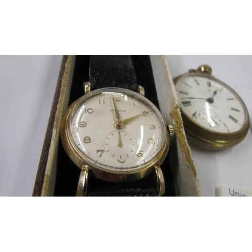 1037 - A Garrard 9ct gold cased gent's wrist watch, A wara skeleton watch and in Ingersol Triumph pocket wa... 