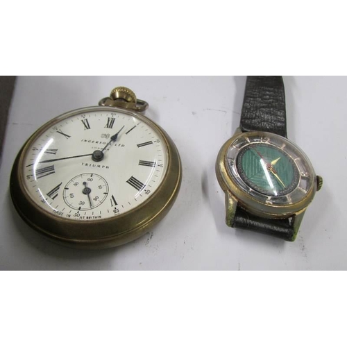 1037 - A Garrard 9ct gold cased gent's wrist watch, A wara skeleton watch and in Ingersol Triumph pocket wa... 