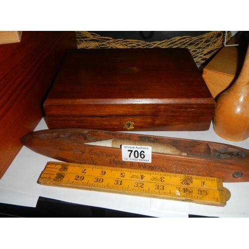 706 - A good lot of wooden boxes, spinning shuttle, ruler etc.,