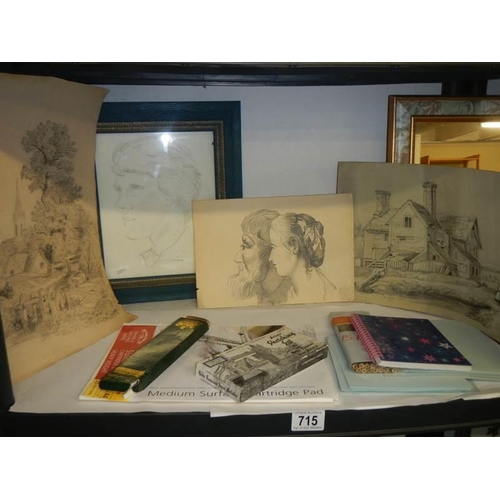 715 - A mixed lot of pencil drawings etc., COLLECT ONLY.