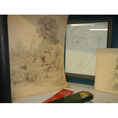 715 - A mixed lot of pencil drawings etc., COLLECT ONLY.