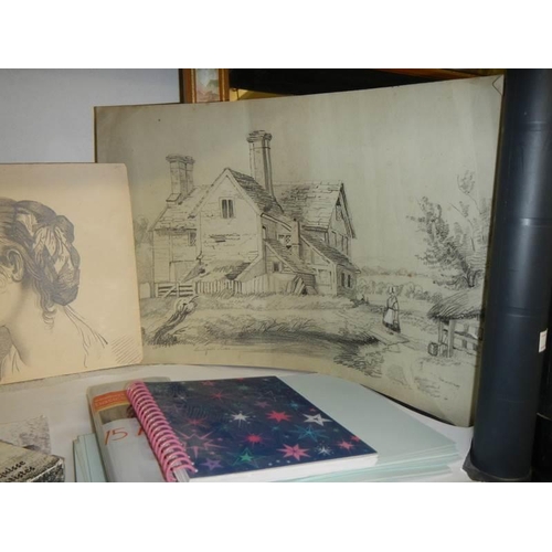 715 - A mixed lot of pencil drawings etc., COLLECT ONLY.