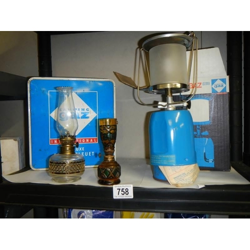 758 - A camping glass lantern etc.,