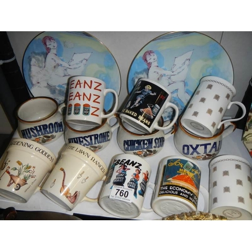 760 - A shelf of mugs, soup bowls etc.,