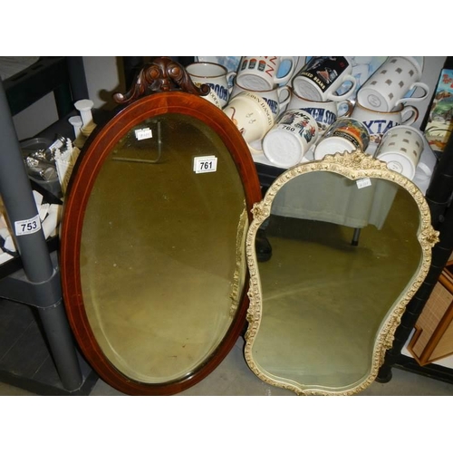 761 - An early 20th century mahogany framed mirror with string inlay and one other, COLLECT ONLY.