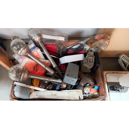 14 - A box of tools including garden lights & dust sheets etc.
